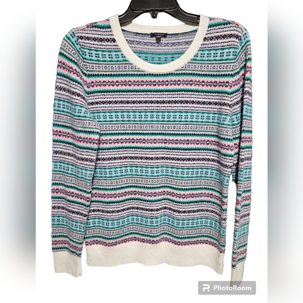 Talbots Fair Isle Crew Neck Pink/Green Wool Blend Sweater Sz M